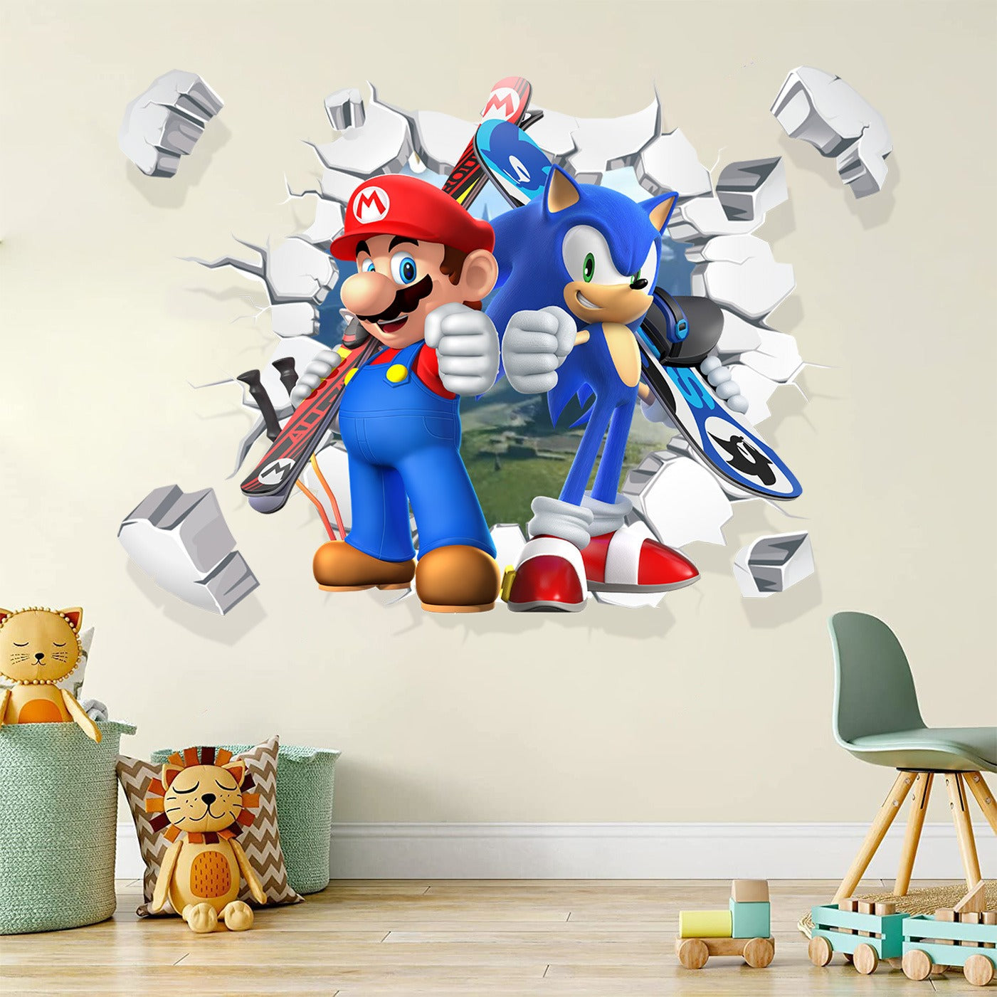 Mario Children's Room Broken Wall Decoration Sticker PVC Self Adhesive Cartoon Anime Sonic Sticker Poster