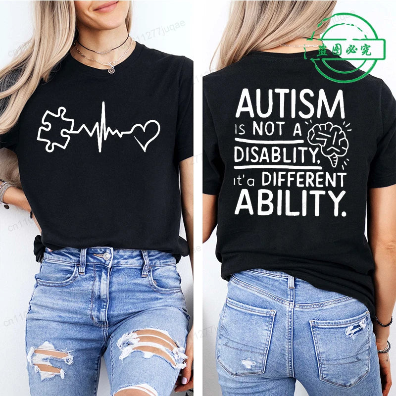 Women Autism It's Not A Disability It's A Different Ability Fashion Casual Short Sleeve T-shirt Graphic Tshirts Women T Shirts