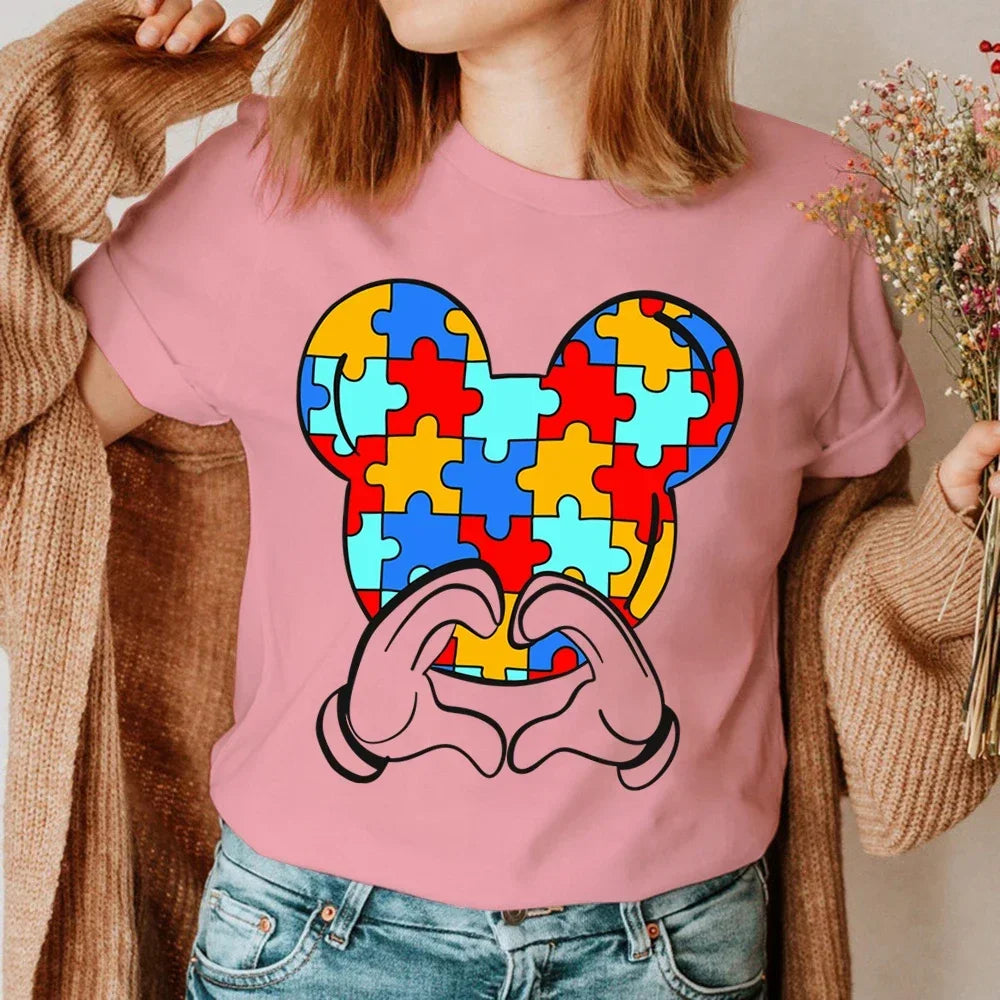 Hand Heart Gesture Print Women Tshirts Autism Awareness Tops Casual Funny T Shirt Clothes for Lady Yong Girl Top Tee Hipster