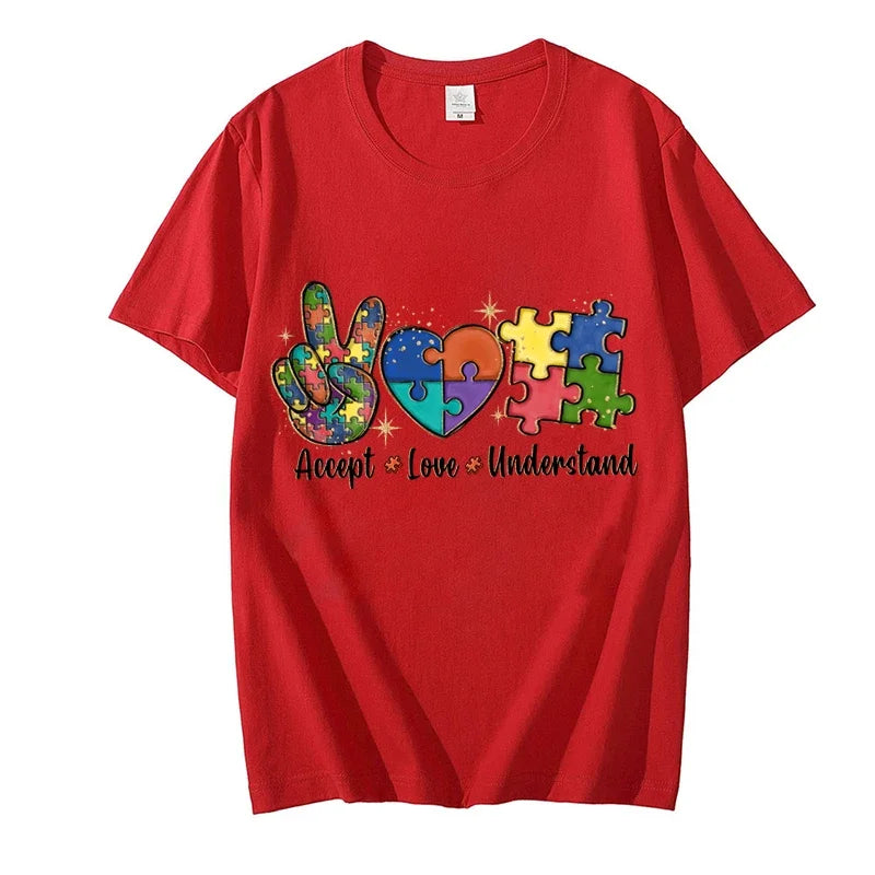 Accept Love and Understand T-shirt Autism Awareness T Shirts Color Puzzle Block Kids Women's Tees Harajuku Streetwear Y2k Tops