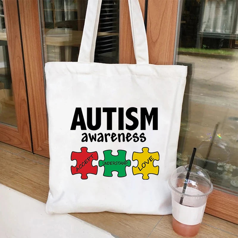 Canvas Tote Bags Accept Love and Understand Handbag Autism Awareness Color Puzzle Block Reusable Women's Shoulder Shopping Bag