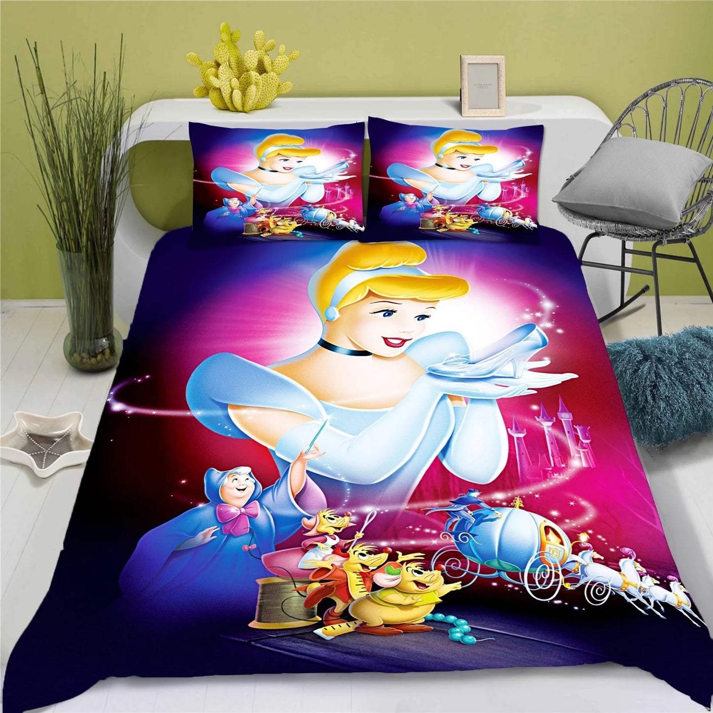 Disney Princess Series 100% Polyester Bedding Set Duvet Cover For Home 3-Piece Set 1 Quilt Cover Anime Cute Printed Cartoon