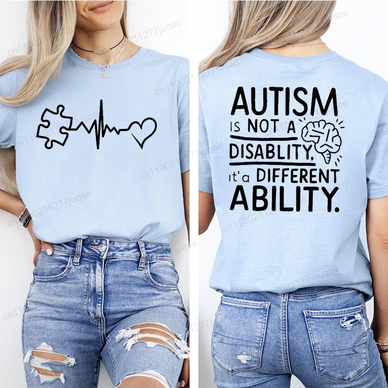 Women Autism It's Not A Disability It's A Different Ability Fashion Casual Short Sleeve T-shirt Graphic Tshirts Women T Shirts