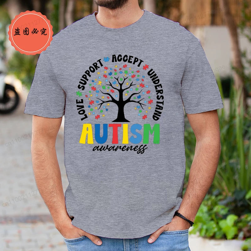 Man T Shirt Fashion Brand Clothing Loose T Shirts Autism Awareness Design T-Shirt for Women Men Short Sleeve Unisex Shirt Tops