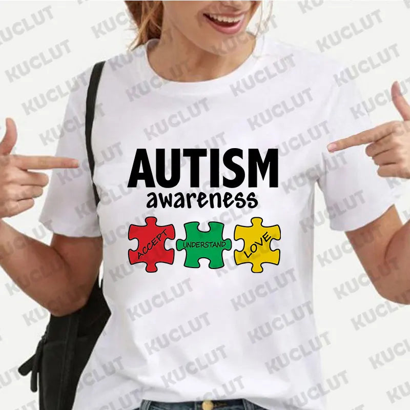 Women's T-shirt Casual Kawaii Clothing Autism Awareness Support Puzzle Print Tshirt Comfortable Casual Women Clothing Black Tops
