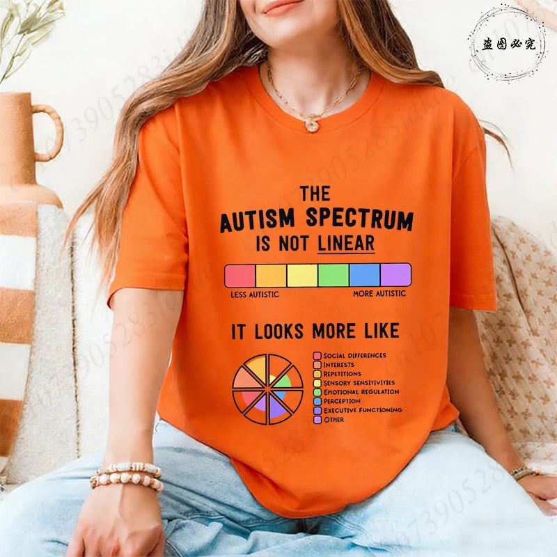 Autism Awareness Women T-Shirt The Autism Spectrum Is Not Linear Graphic Tees Neurodiversity Advocate Casual Short Sleeve Tops