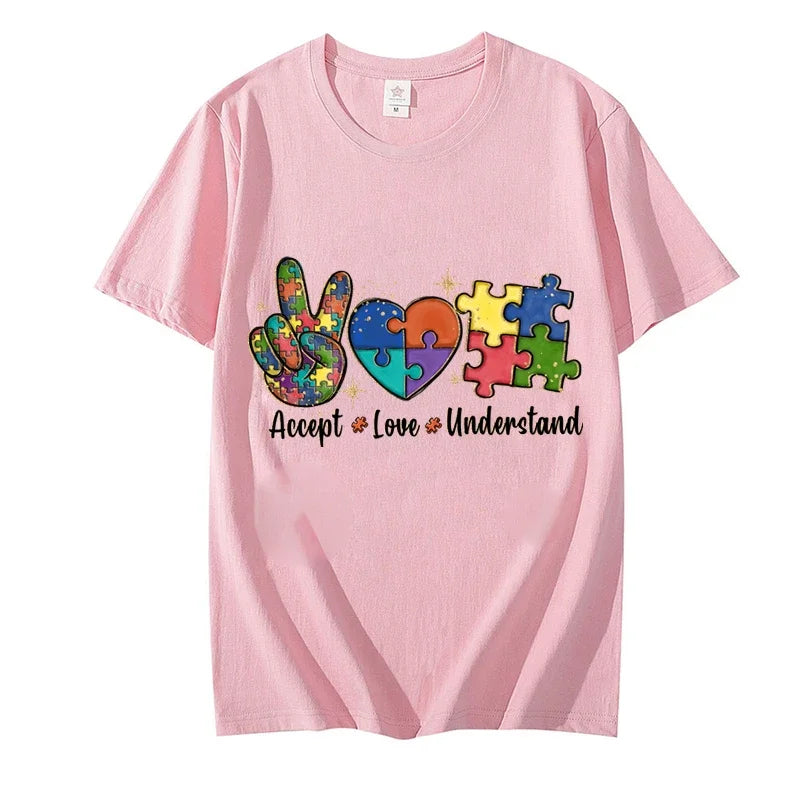 Accept Love and Understand T-shirt Autism Awareness T Shirts Color Puzzle Block Kids Women's Tees Harajuku Streetwear Y2k Tops