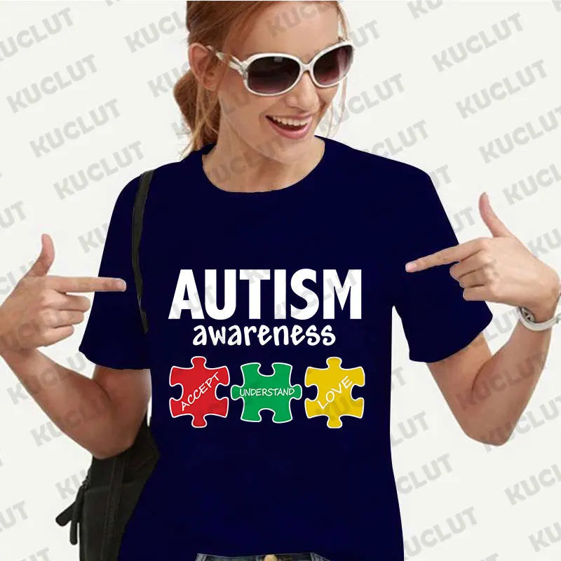 Women's T-shirt Casual Kawaii Clothing Autism Awareness Support Puzzle Print Tshirt Comfortable Casual Women Clothing Black Tops