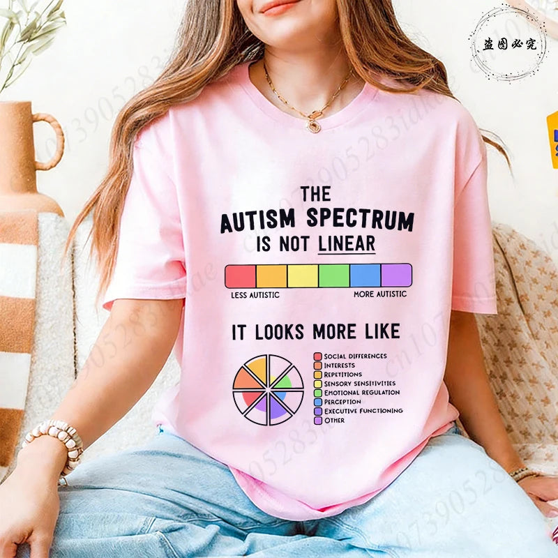 Autism Awareness Women T-Shirt The Autism Spectrum Is Not Linear Graphic Tees Neurodiversity Advocate Casual Short Sleeve Tops