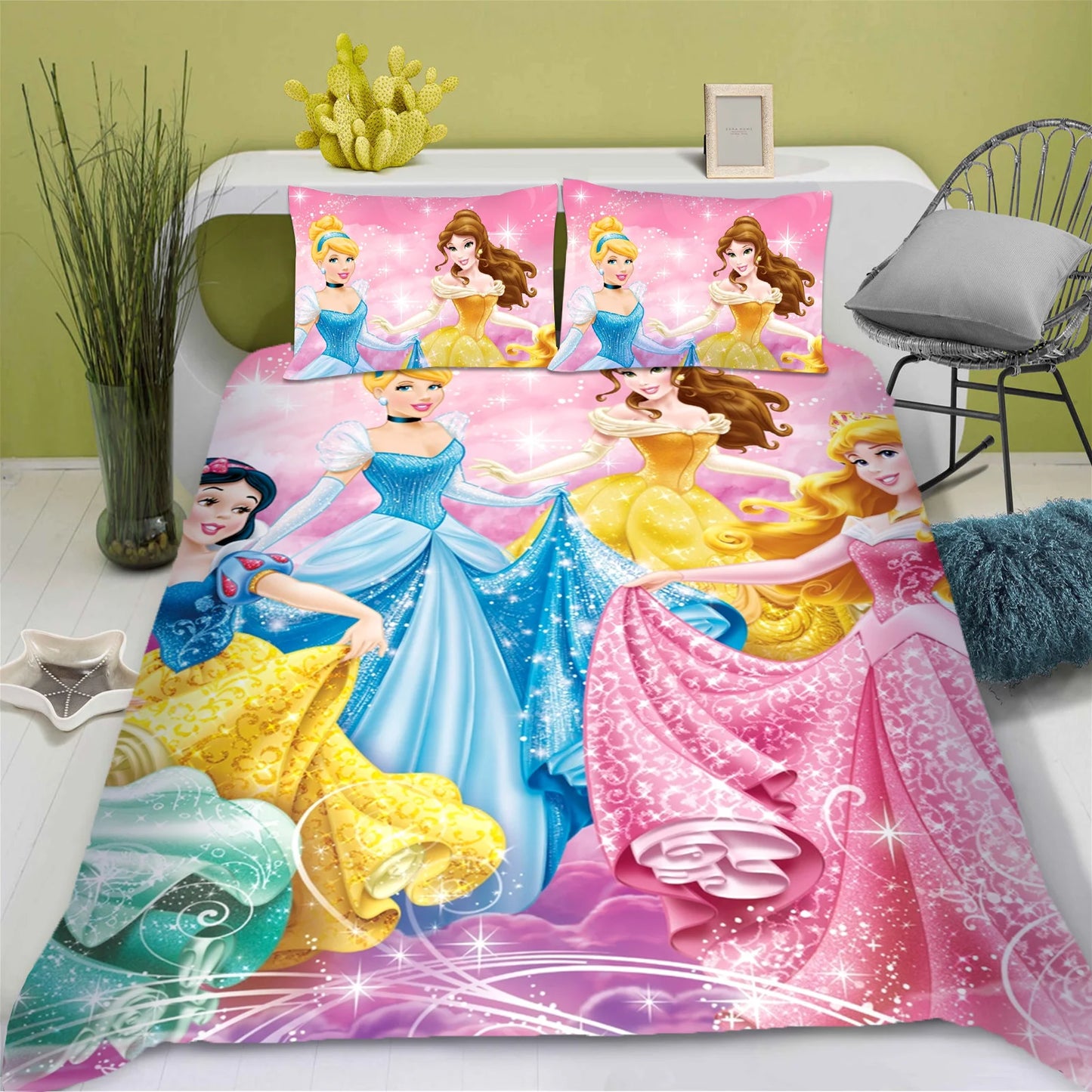 Disney Princess Series 100% Polyester Bedding Set Duvet Cover For Home 3-Piece Set 1 Quilt Cover Anime Cute Printed Cartoon