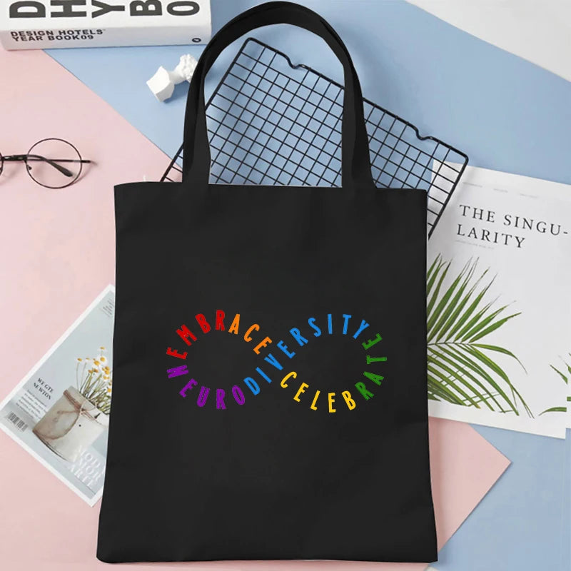 Woman Canvas Tote Bags Autism Neurodiversity Supermarket Shopping Bag Autism Acceptance Infinity Hearts Symbol Embrace Handbag