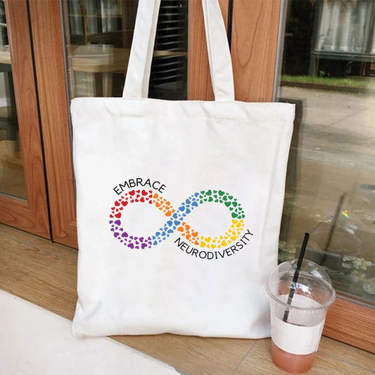 Woman Canvas Tote Bags Autism Neurodiversity Supermarket Shopping Bag Autism Acceptance Infinity Hearts Symbol Embrace Handbag
