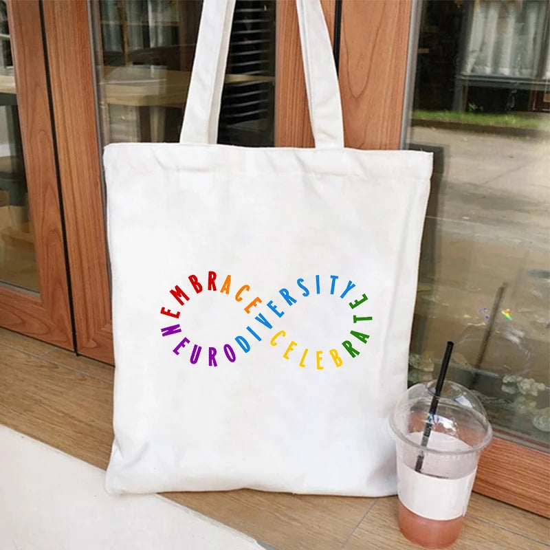Woman Canvas Tote Bags Autism Neurodiversity Supermarket Shopping Bag Autism Acceptance Infinity Hearts Symbol Embrace Handbag