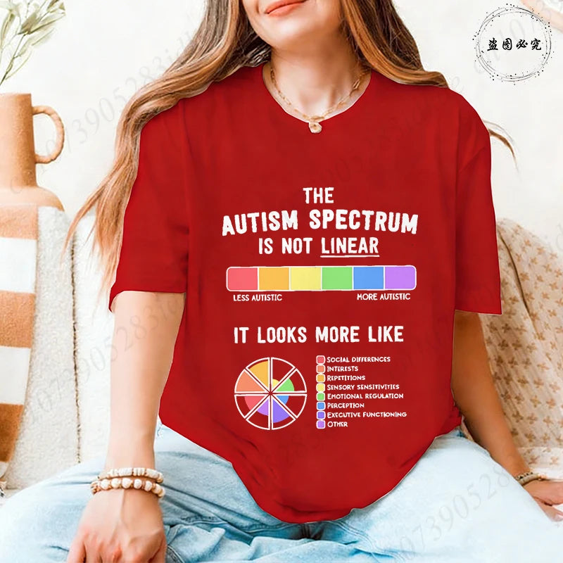 Autism Awareness Women T-Shirt The Autism Spectrum Is Not Linear Graphic Tees Neurodiversity Advocate Casual Short Sleeve Tops