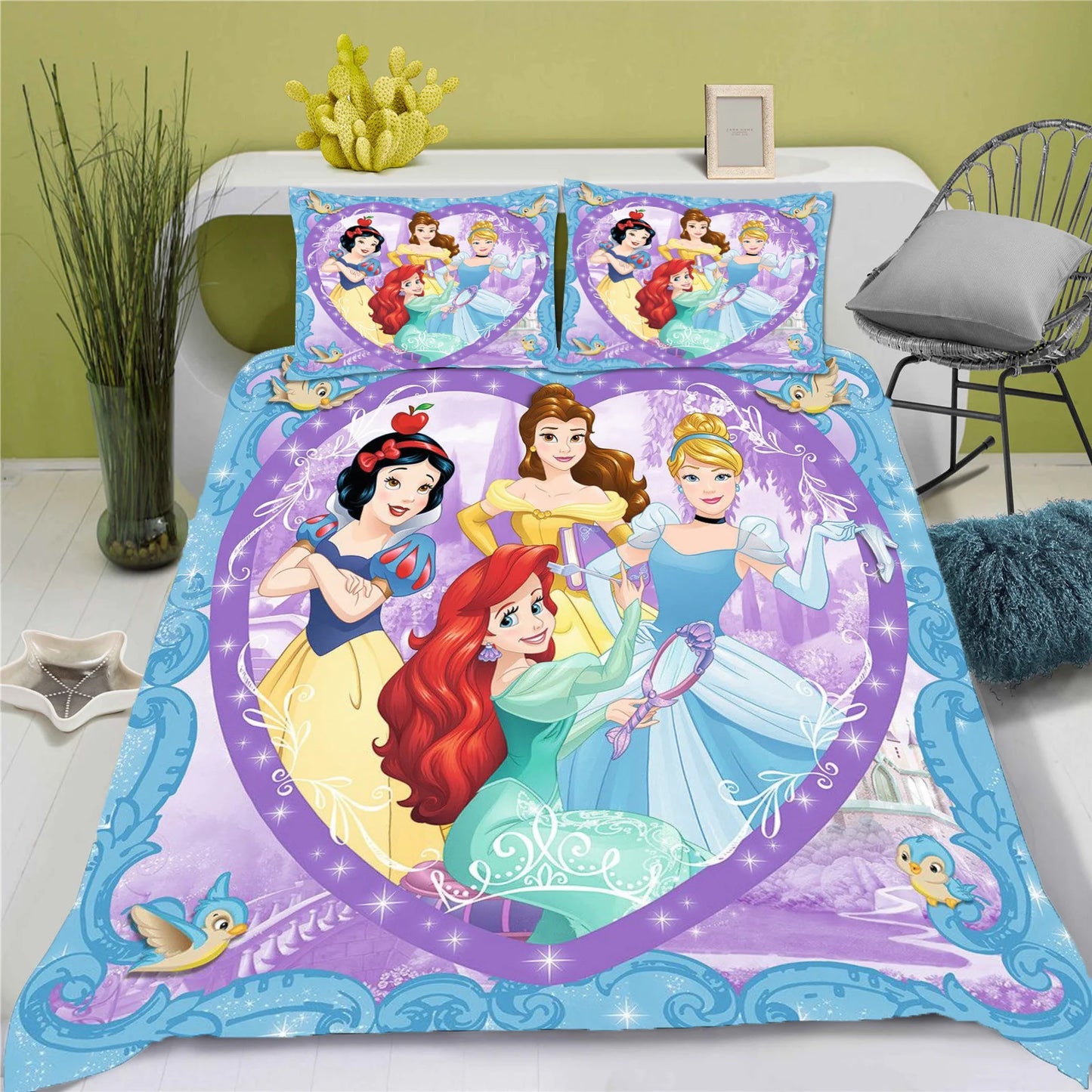 Disney Princess Series 100% Polyester Bedding Set Duvet Cover For Home 3-Piece Set 1 Quilt Cover Anime Cute Printed Cartoon