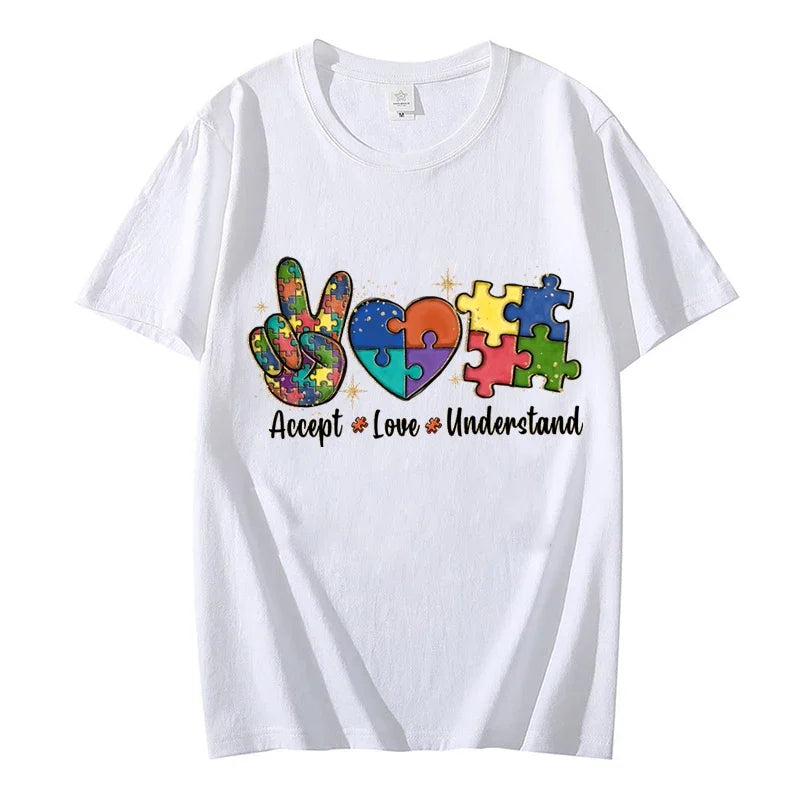Accept Love and Understand T-shirt Autism Awareness T Shirts Color Puzzle Block Kids Women's Tees Harajuku Streetwear Y2k Tops