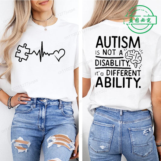 Women Autism It's Not A Disability It's A Different Ability Fashion Casual Short Sleeve T-shirt Graphic Tshirts Women T Shirts