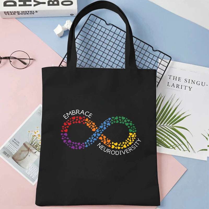 Woman Canvas Tote Bags Autism Neurodiversity Supermarket Shopping Bag Autism Acceptance Infinity Hearts Symbol Embrace Handbag