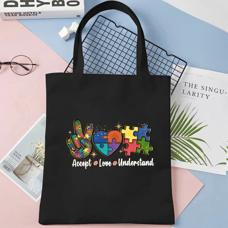 Canvas Tote Bags Accept Love and Understand Handbag Autism Awareness Color Puzzle Block Reusable Women's Shoulder Shopping Bag