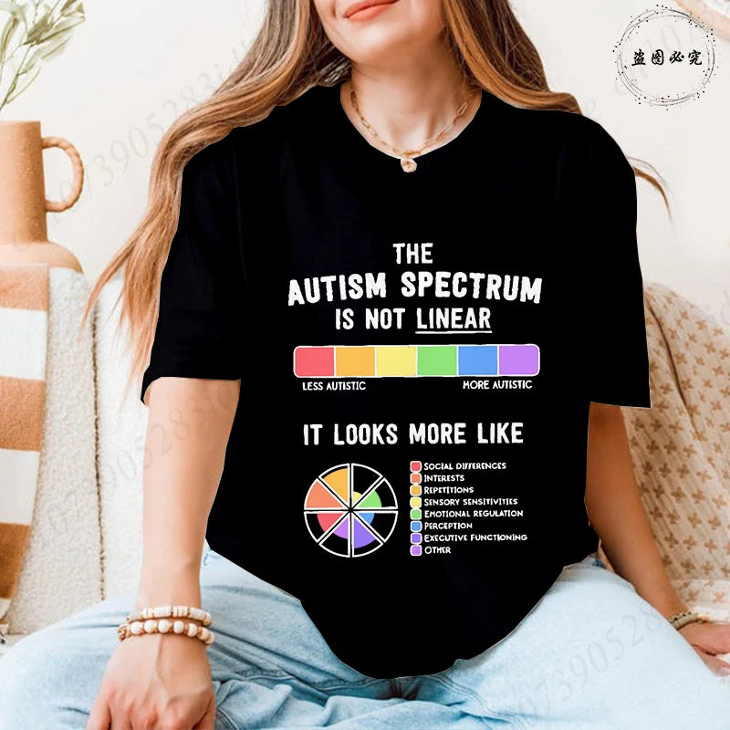 Autism Awareness Women T-Shirt The Autism Spectrum Is Not Linear Graphic Tees Neurodiversity Advocate Casual Short Sleeve Tops