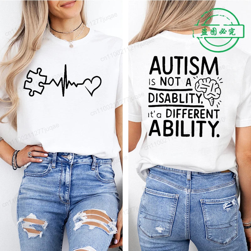Women Autism It's Not A Disability It's A Different Ability Fashion Casual Short Sleeve T-shirt Graphic Tshirts Women T Shirts