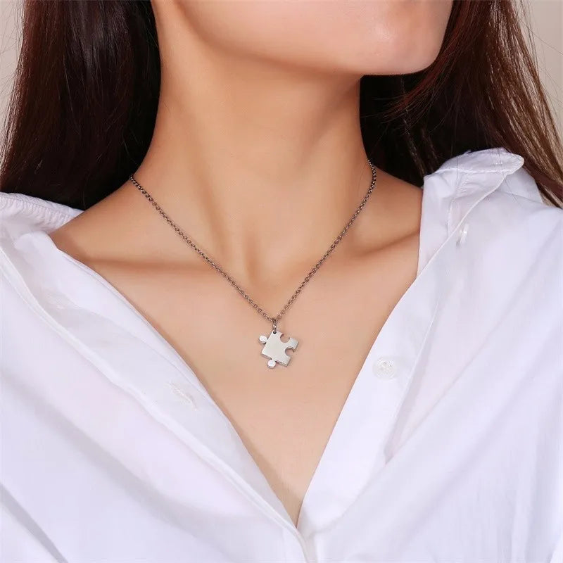 Autism Puzzle Piece Heart Necklace In Silver Color Hand Coin Women Men Necklace Personalized Friendship Couples Jewelry