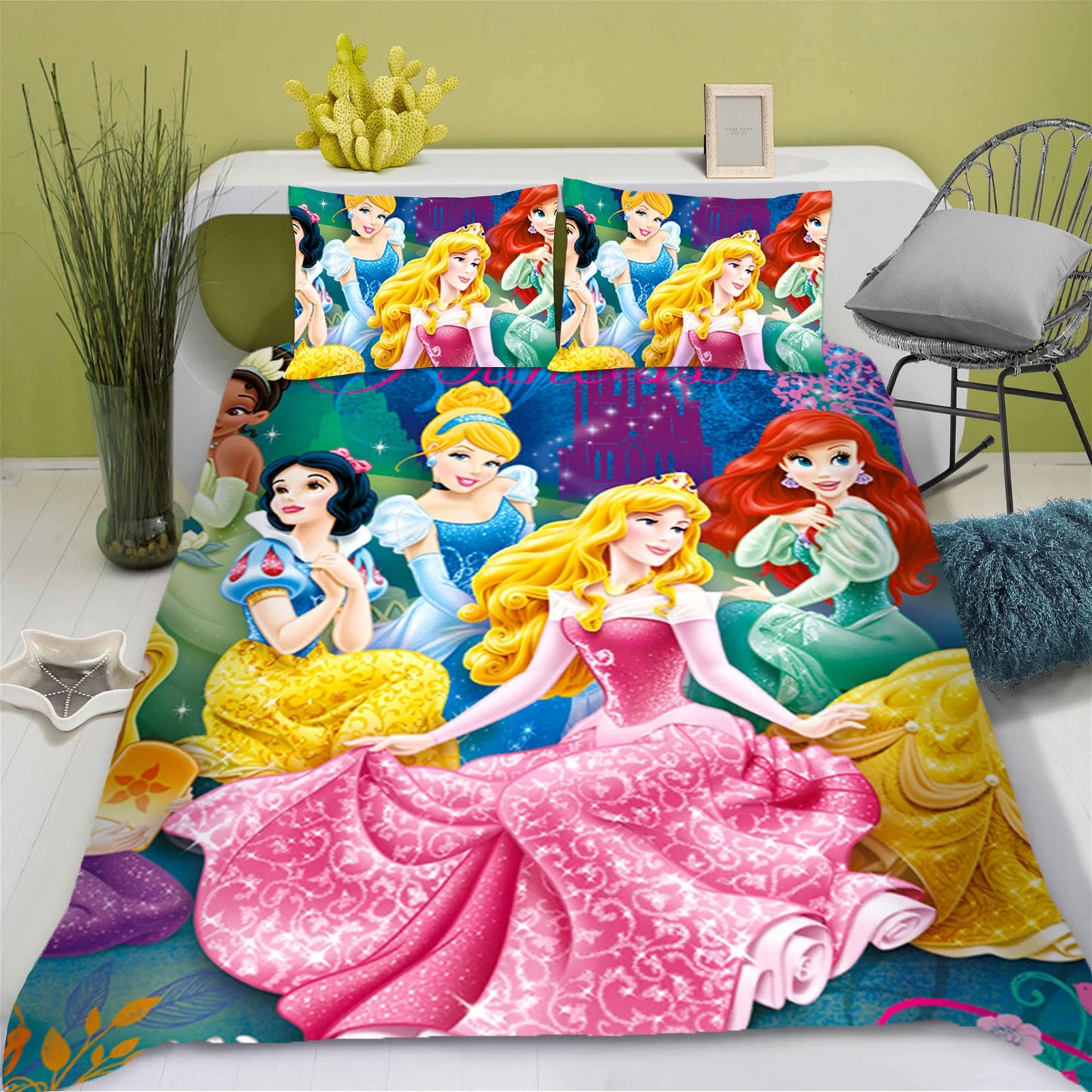 Disney Princess Series 100% Polyester Bedding Set Duvet Cover For Home 3-Piece Set 1 Quilt Cover Anime Cute Printed Cartoon