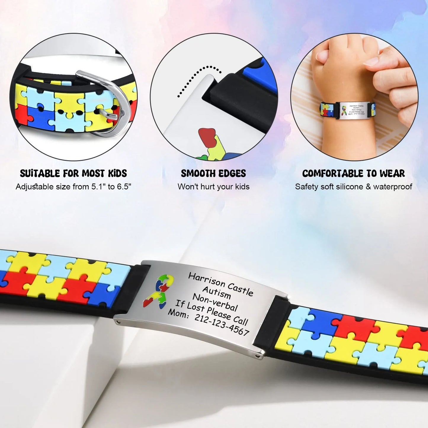 Personalized Autism Aspergers Bracelet for Little Boy Girl , Engraved Medical Alert ID Adjustable Silicon Bracelet Engraved Gift