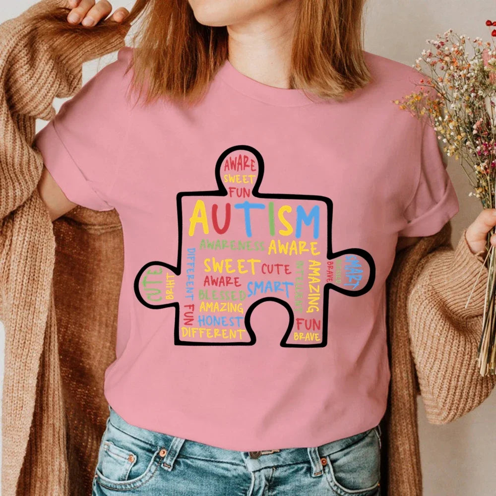 Women T-Shirt Summer Autism Graffiti Puzzle T Shirt Women Casual White Cozy Tops Loose Short Sleeve Y2k Tshirt Camisas Mujer