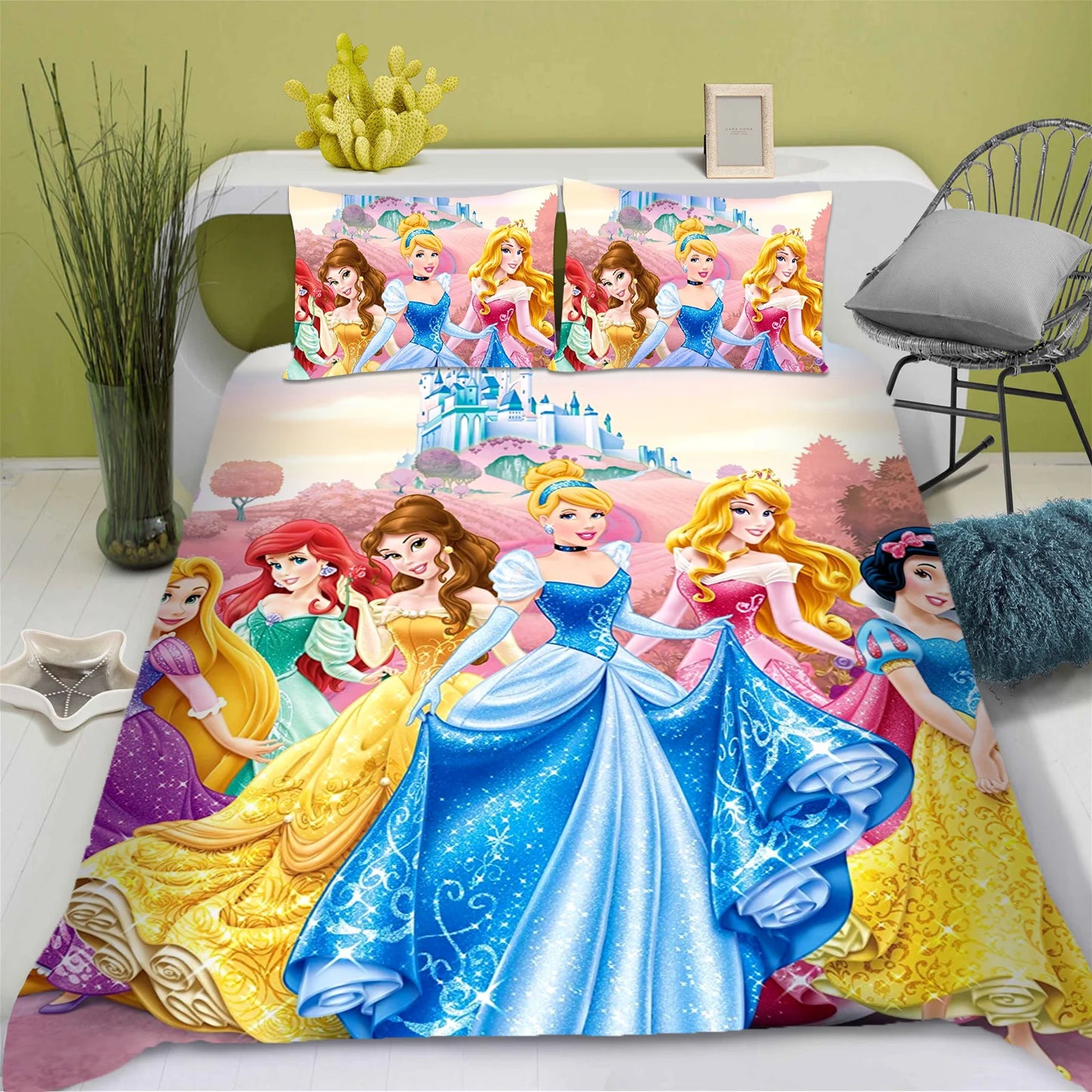 Disney Princess Series 100% Polyester Bedding Set Duvet Cover For Home 3-Piece Set 1 Quilt Cover Anime Cute Printed Cartoon
