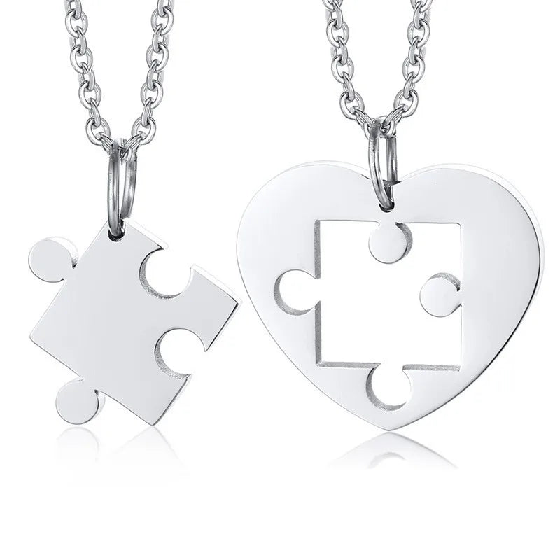 Autism Puzzle Piece Heart Necklace In Silver Color Hand Coin Women Men Necklace Personalized Friendship Couples Jewelry