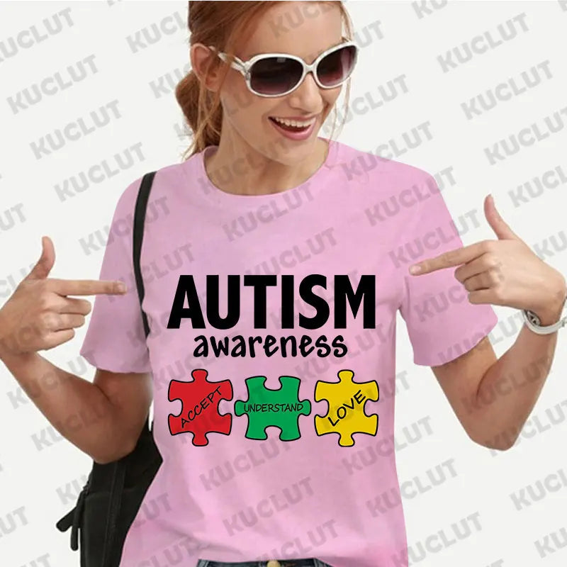Women's T-shirt Casual Kawaii Clothing Autism Awareness Support Puzzle Print Tshirt Comfortable Casual Women Clothing Black Tops