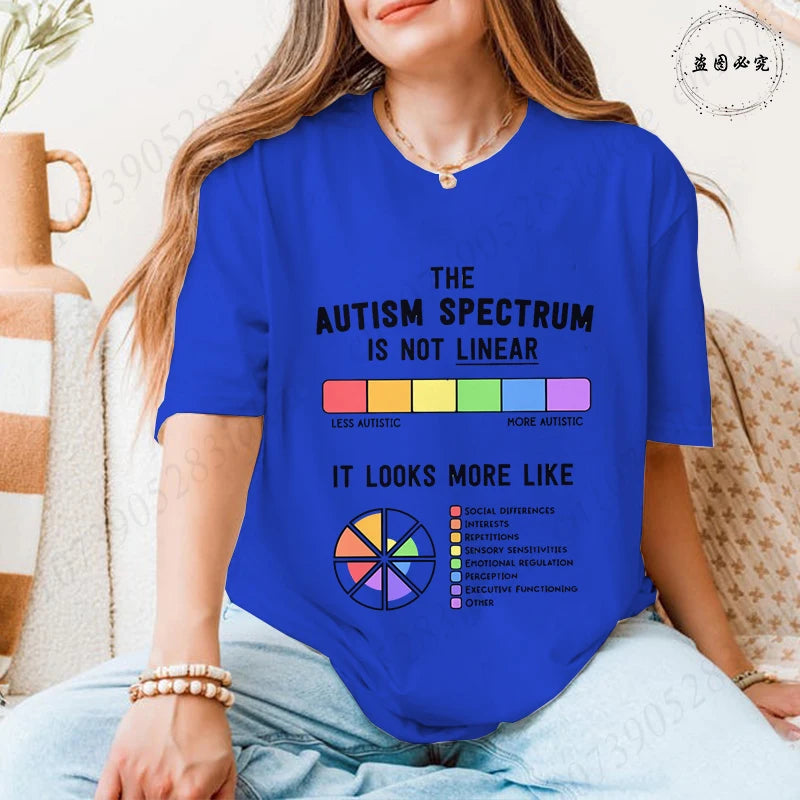 Autism Awareness Women T-Shirt The Autism Spectrum Is Not Linear Graphic Tees Neurodiversity Advocate Casual Short Sleeve Tops