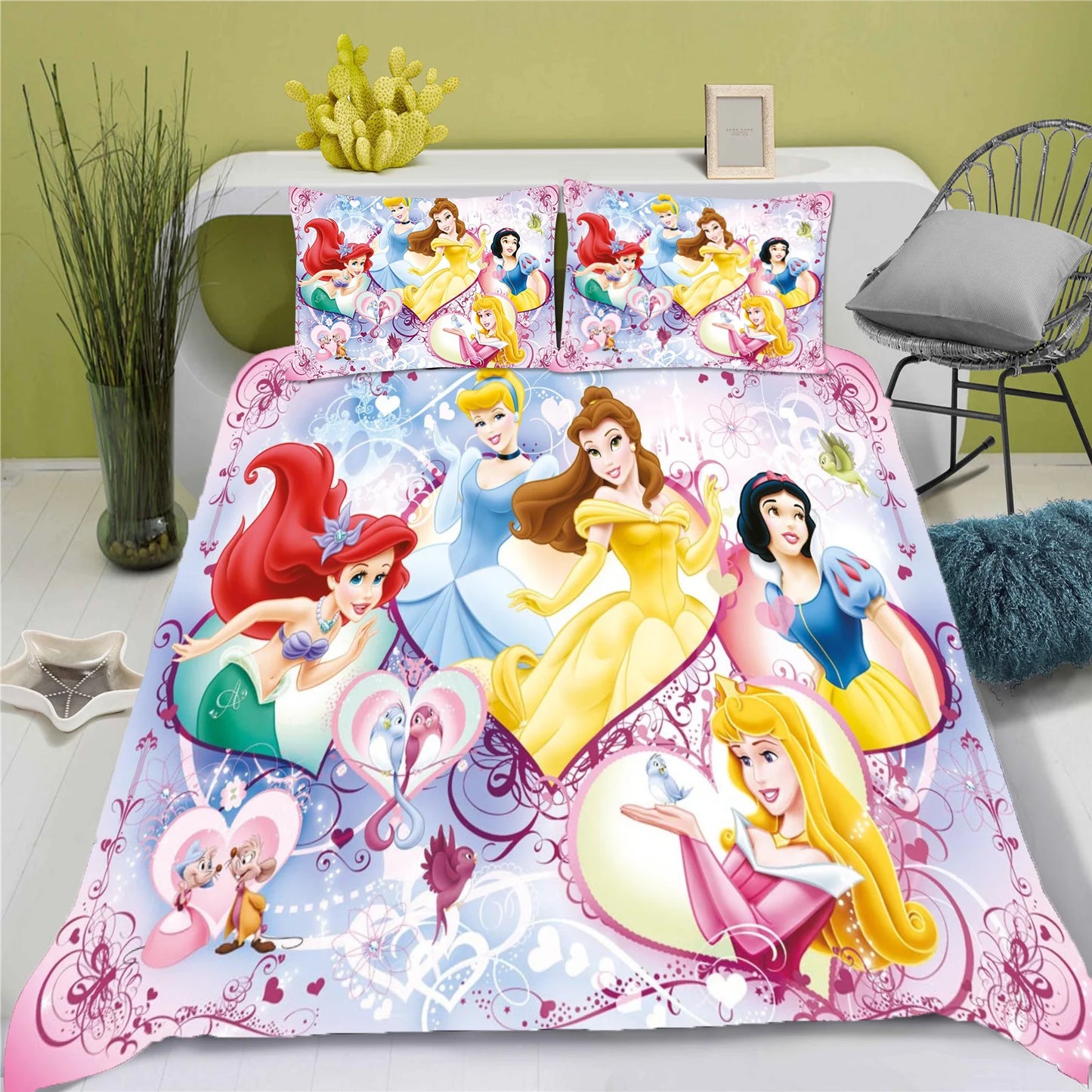 Disney Princess Series 100% Polyester Bedding Set Duvet Cover For Home 3-Piece Set 1 Quilt Cover Anime Cute Printed Cartoon