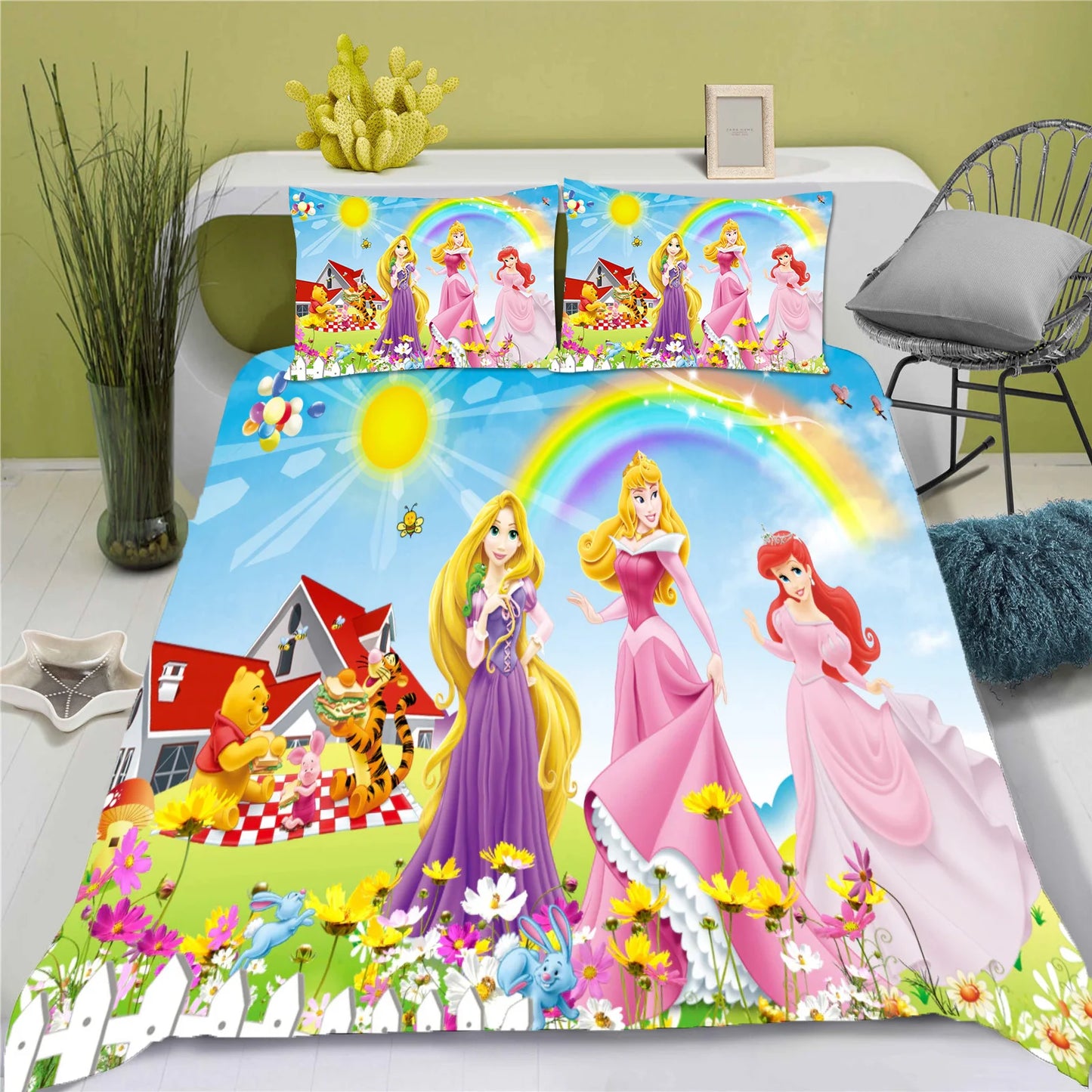 Disney Princess Series 100% Polyester Bedding Set Duvet Cover For Home 3-Piece Set 1 Quilt Cover Anime Cute Printed Cartoon