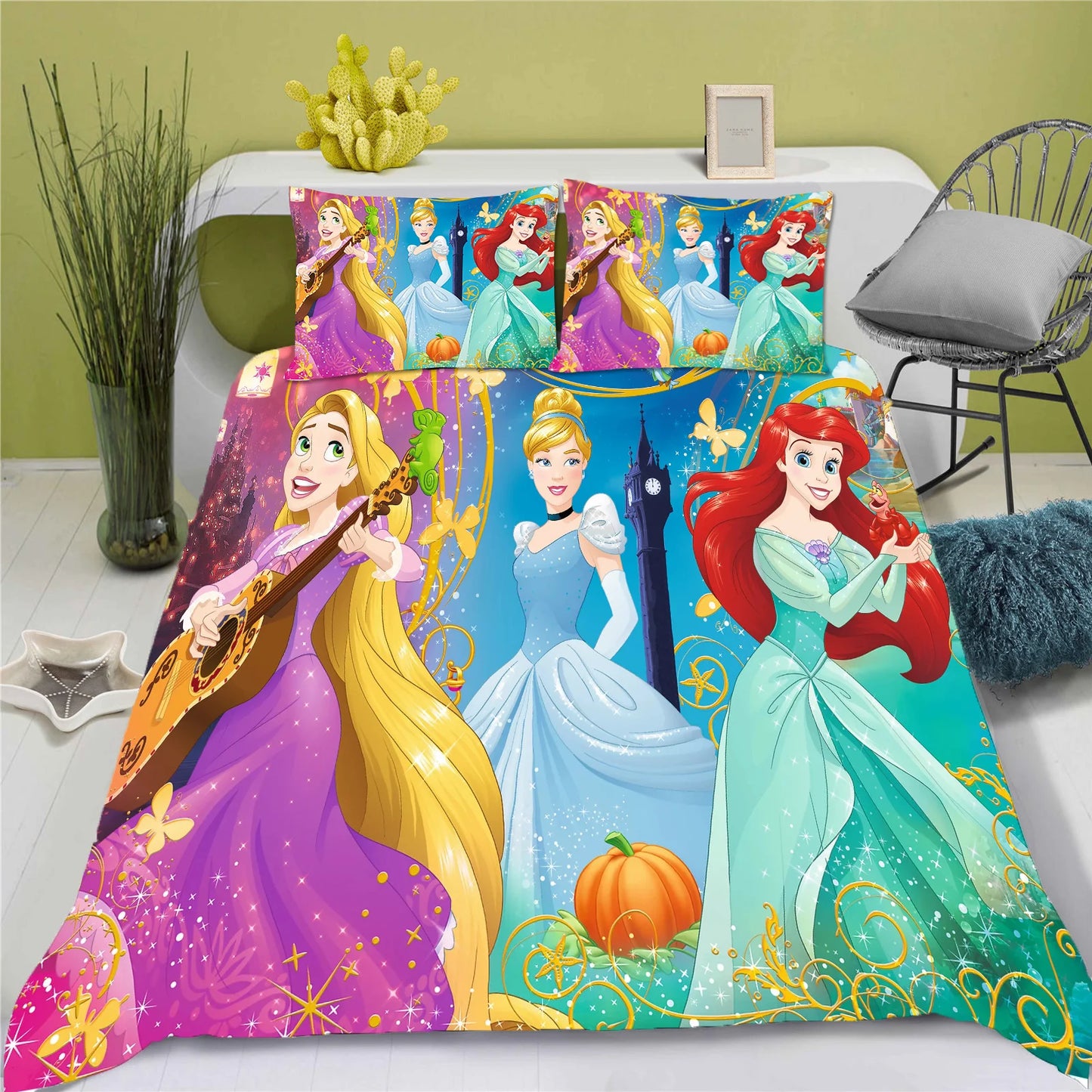Disney Princess Series 100% Polyester Bedding Set Duvet Cover For Home 3-Piece Set 1 Quilt Cover Anime Cute Printed Cartoon