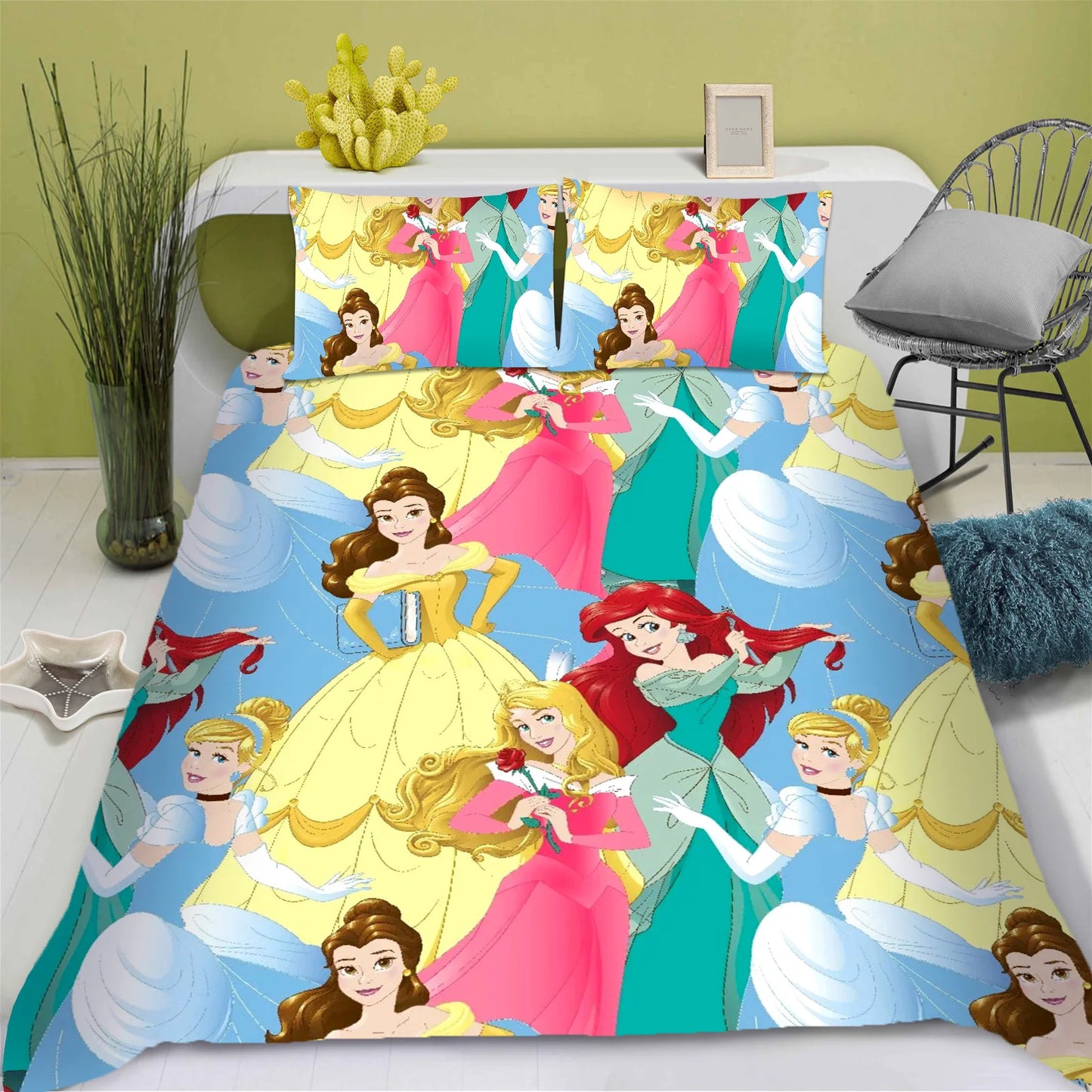 Disney Princess Series 100% Polyester Bedding Set Duvet Cover For Home 3-Piece Set 1 Quilt Cover Anime Cute Printed Cartoon