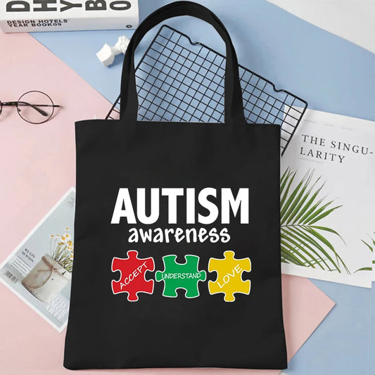 Canvas Tote Bags Accept Love and Understand Handbag Autism Awareness Color Puzzle Block Reusable Women's Shoulder Shopping Bag