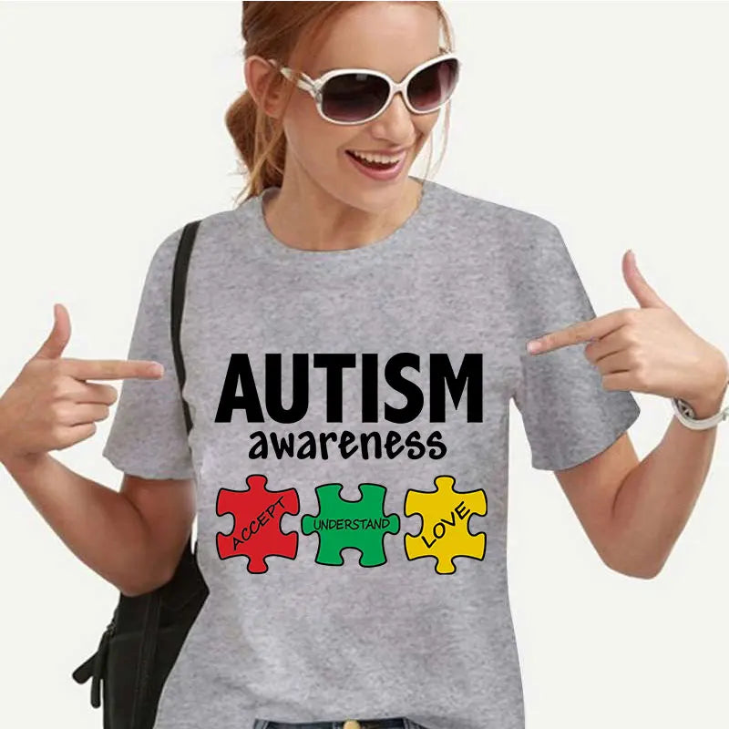 Women's T-shirt Casual Kawaii Clothing Autism Awareness Support Puzzle Print Tshirt Comfortable Casual Women Clothing Black Tops