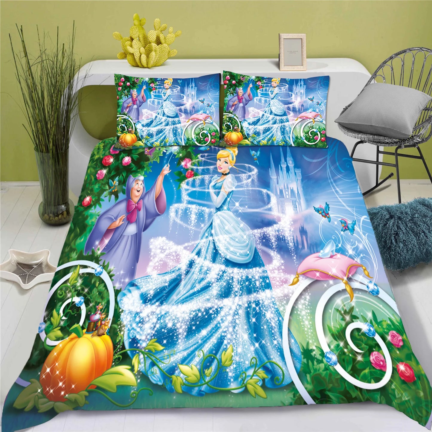 Disney Princess Series 100% Polyester Bedding Set Duvet Cover For Home 3-Piece Set 1 Quilt Cover Anime Cute Printed Cartoon