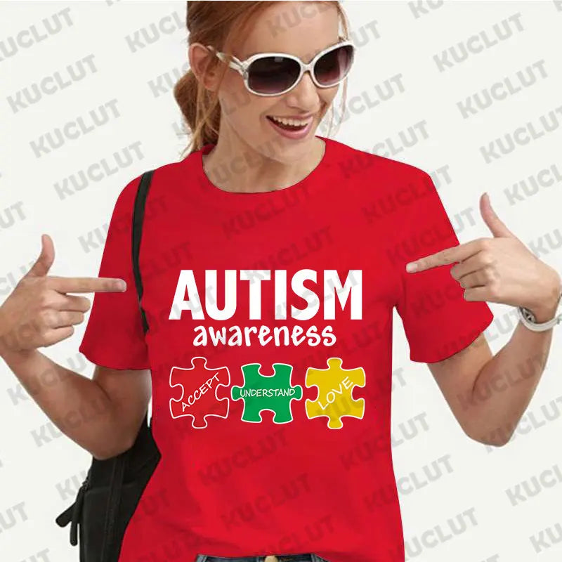 Women's T-shirt Casual Kawaii Clothing Autism Awareness Support Puzzle Print Tshirt Comfortable Casual Women Clothing Black Tops