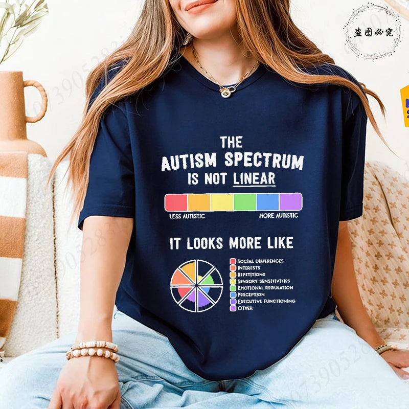 Autism Awareness Women T-Shirt The Autism Spectrum Is Not Linear Graphic Tees Neurodiversity Advocate Casual Short Sleeve Tops