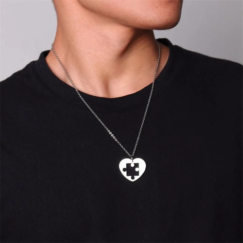 Autism Puzzle Piece Heart Necklace In Silver Color Hand Coin Women Men Necklace Personalized Friendship Couples Jewelry