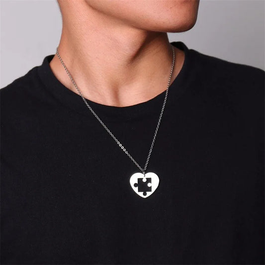 Autism Puzzle Piece Heart Necklace In Silver Color Hand Coin Women Men Necklace Personalized Friendship Couples Jewelry