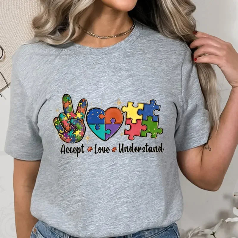 Accept Love and Understand T-shirt Autism Awareness T Shirts Color Puzzle Block Kids Women's Tees Harajuku Streetwear Y2k Tops