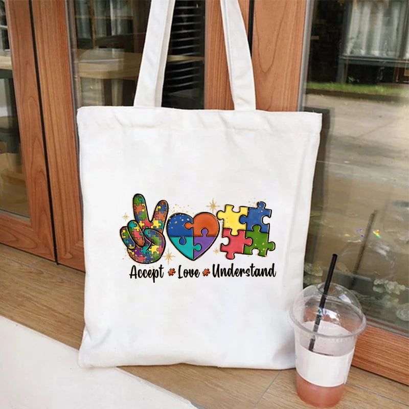 Canvas Tote Bags Accept Love and Understand Handbag Autism Awareness Color Puzzle Block Reusable Women's Shoulder Shopping Bag