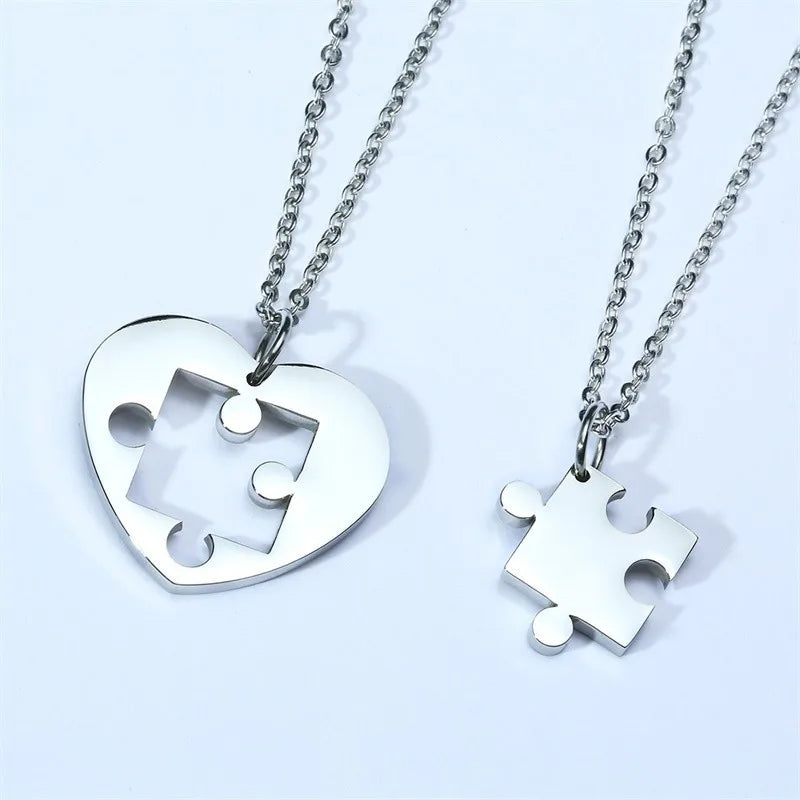 Autism Puzzle Piece Heart Necklace In Silver Color Hand Coin Women Men Necklace Personalized Friendship Couples Jewelry