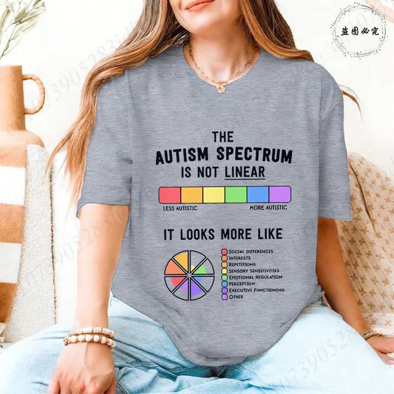 Autism Awareness Women T-Shirt The Autism Spectrum Is Not Linear Graphic Tees Neurodiversity Advocate Casual Short Sleeve Tops