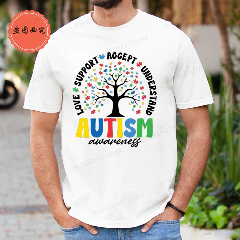 Man T Shirt Fashion Brand Clothing Loose T Shirts Autism Awareness Design T-Shirt for Women Men Short Sleeve Unisex Shirt Tops