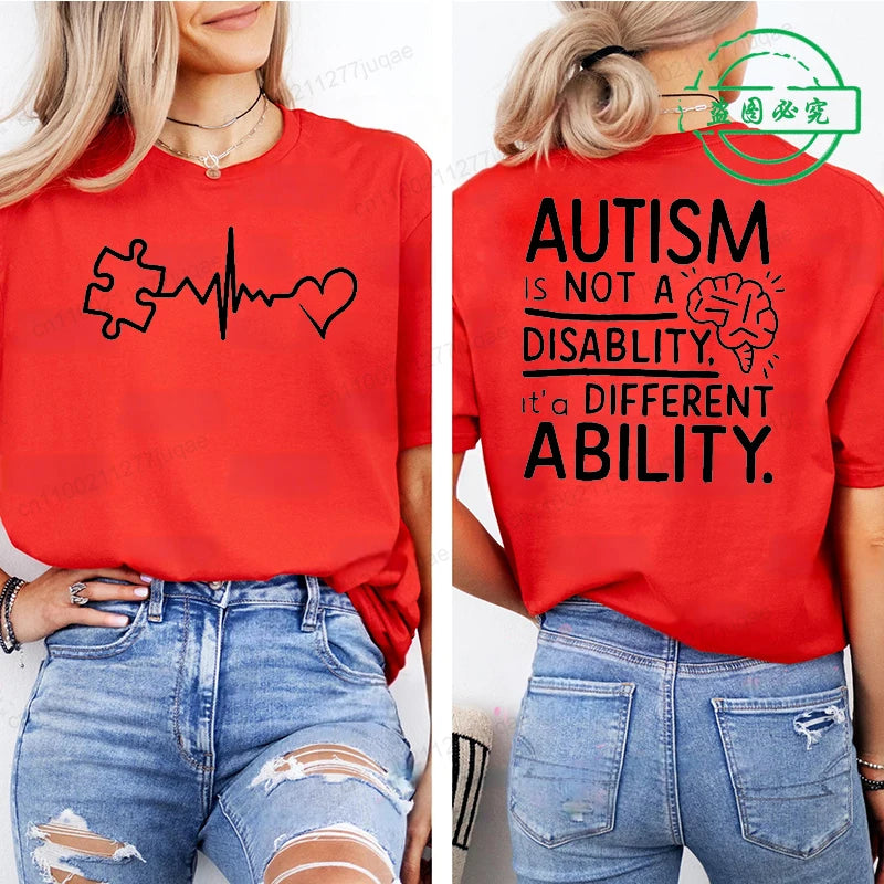 Women Autism It's Not A Disability It's A Different Ability Fashion Casual Short Sleeve T-shirt Graphic Tshirts Women T Shirts
